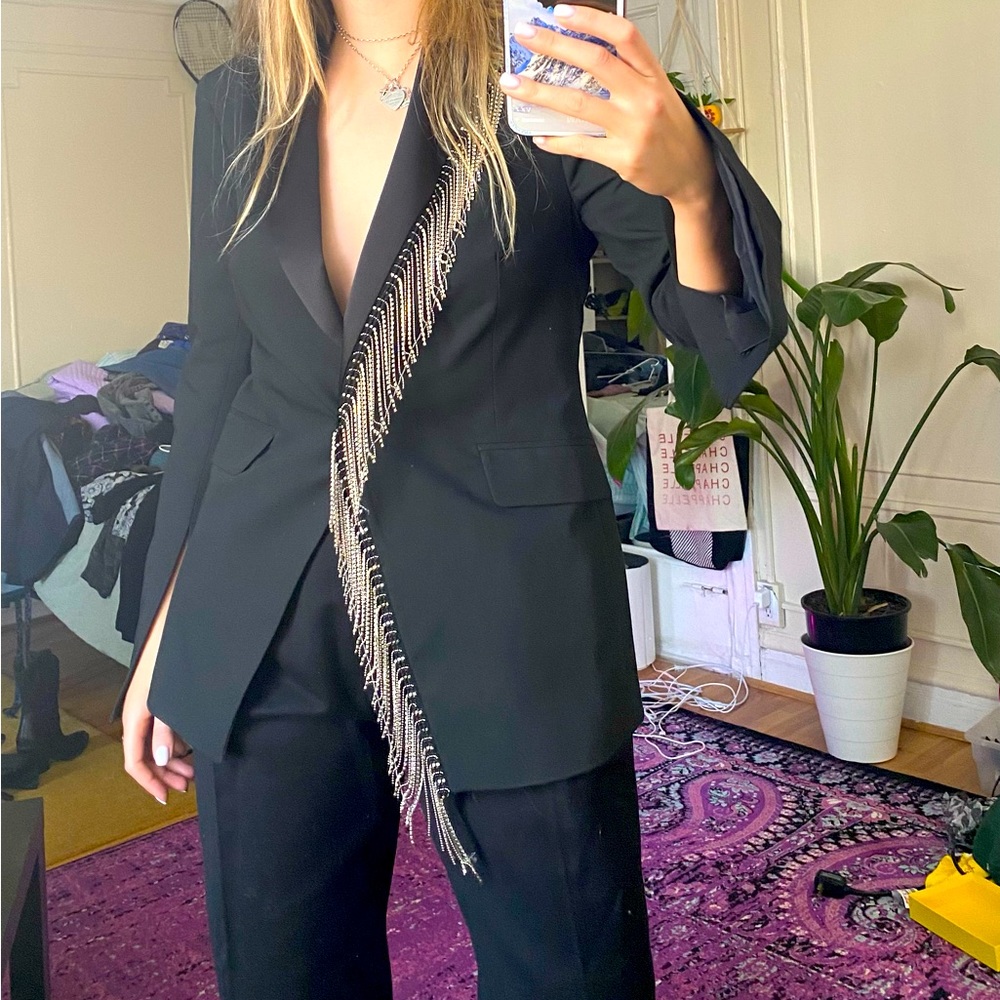 Karen Millen Crystal Fringe Lapel Diamante Back Single Breasted Blazer